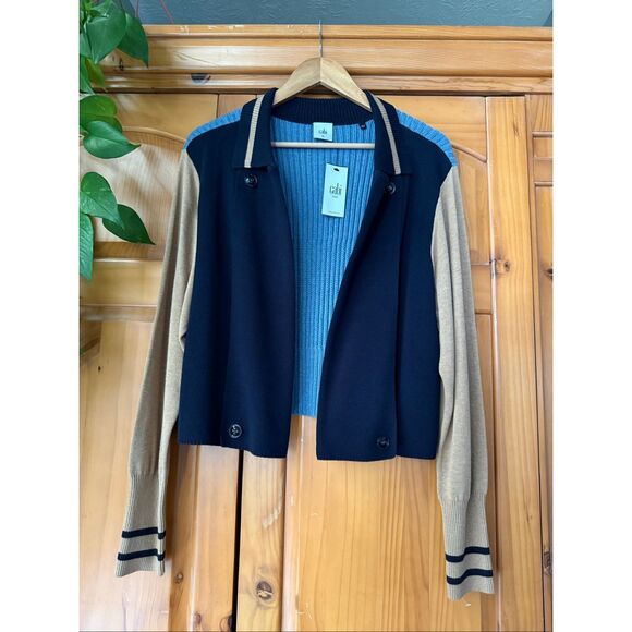 CAbi Varsity Colorblock Cardigan Sweater Jacket – Navy/Tan/Blue – XL – NWT - Picture 1 of 12
